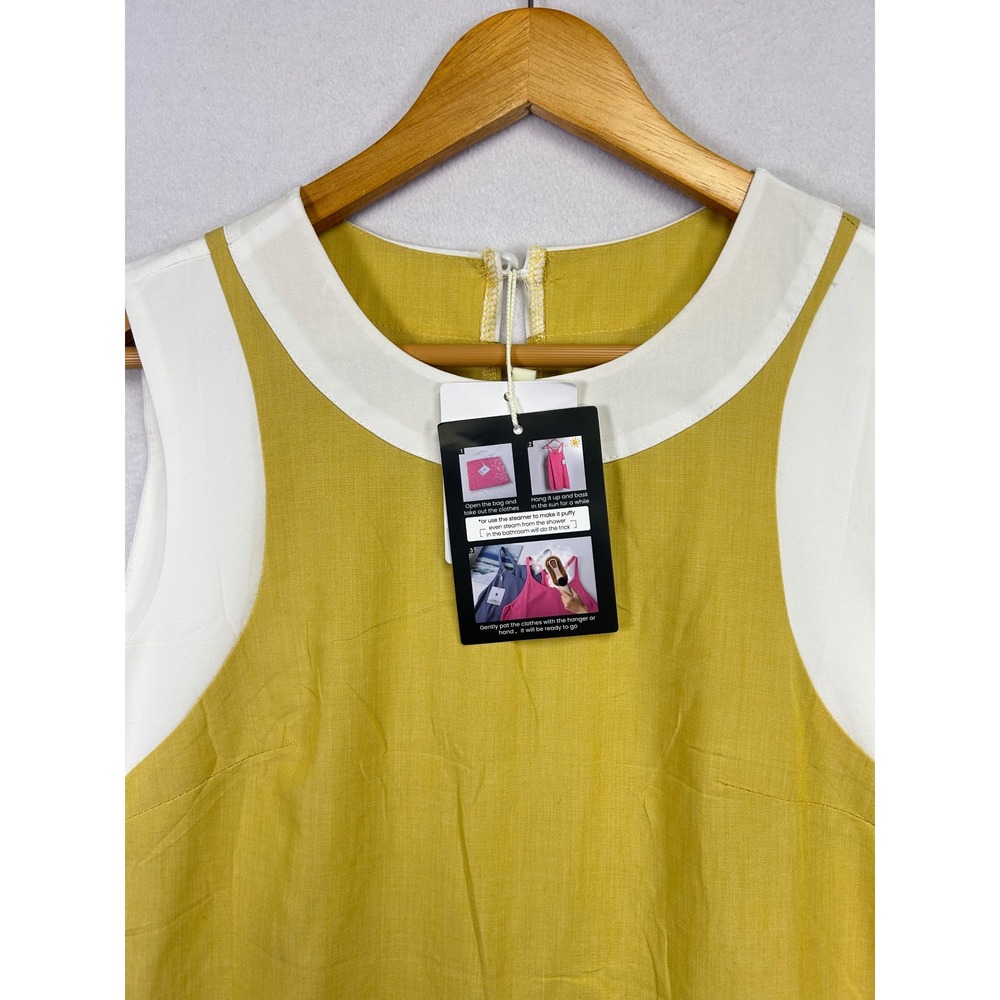 Fashion Clothing Sleeveless Midi Dress Mustard Yellow White Paneled Round Neck S - Picture 2 of 10